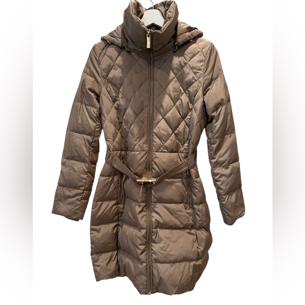 Women’s Long Quilted Belted Puffer Coat | Hooded Warm Winter Jacket | Size XS